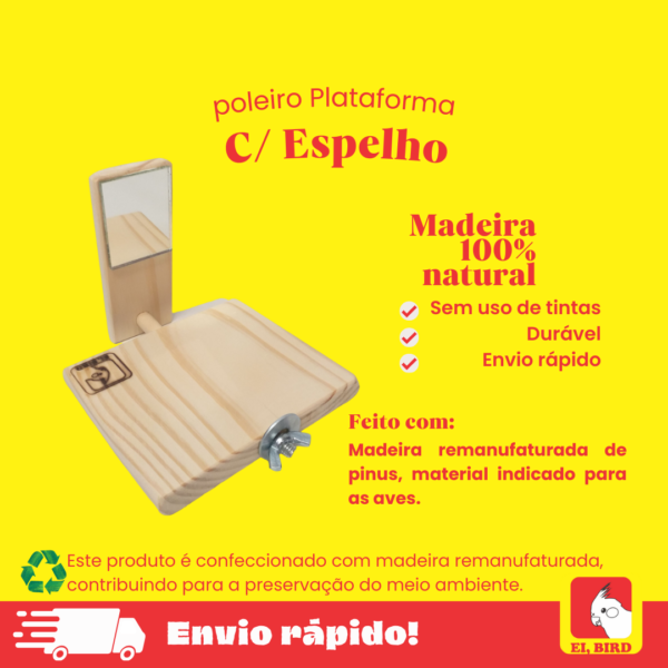 Poleiro plataforma com espelho para calopsita, agapornis, rosetas, entre outras aves_Eibird