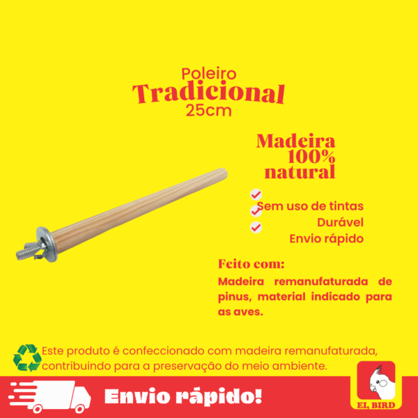Poleiro tradicional 25cm p calopsita, periquito, agapornis - Madeira naturica Ei Birdal 100% ecológ - Imagem 2