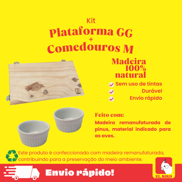 Kit Plataforma GG + 2 Comedouros M para Calopsita, Agapornis, Arara, Papagaio - Imagem 2